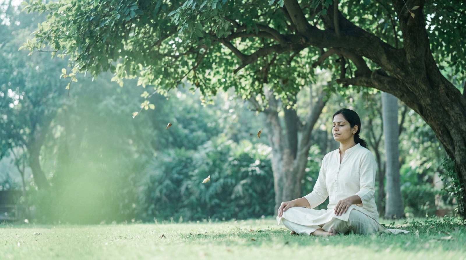 A teacher sitting cross-legged in meditation on the grass beneath a large tree in a quiet garden, early morning light through the leaves.