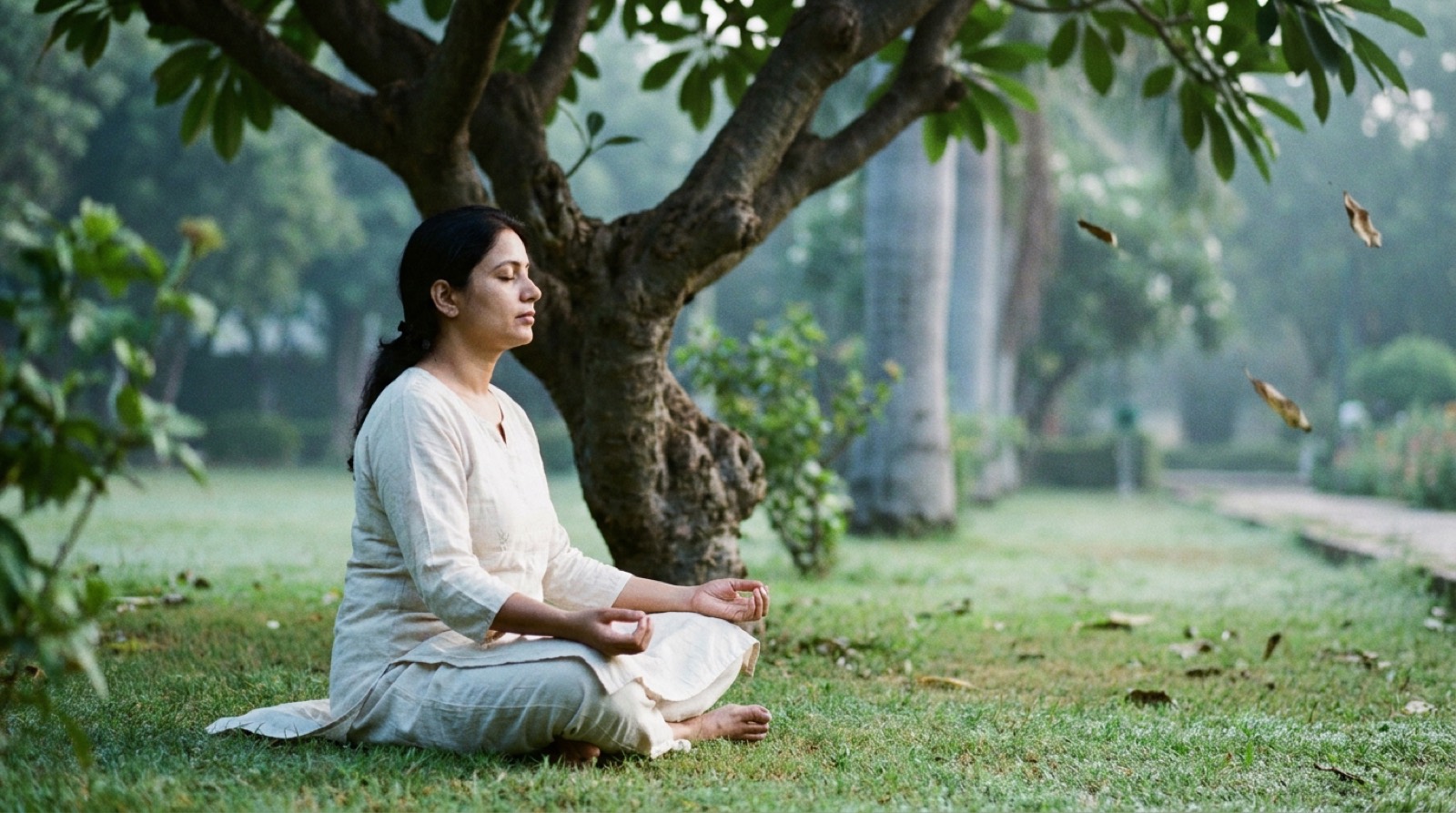 A student practising quietly outdoors under a tree.